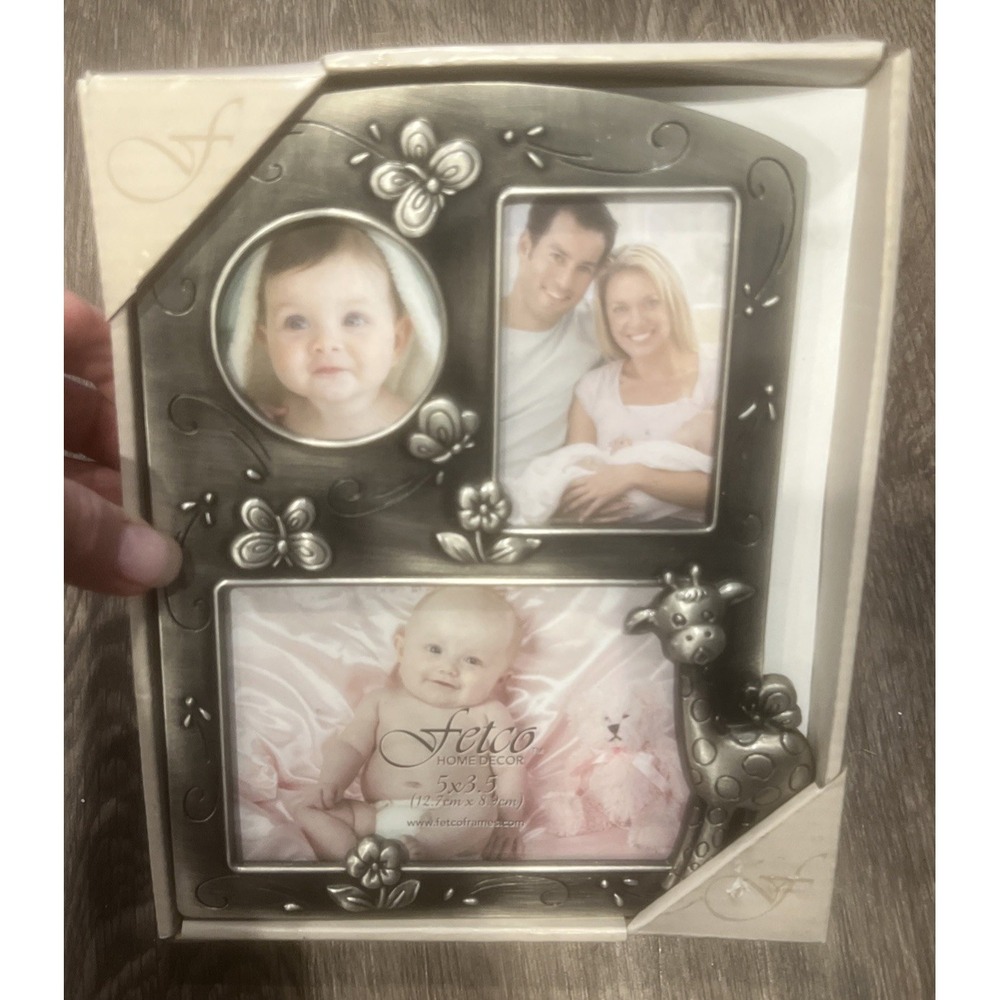 Vtg Fetco Silver Jungle Giraffe Floral Butterfly Collage Photo Picture Frame